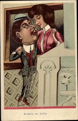 Litho Romeo und Julia, Liebespaar, Karikatur, große Köpfe