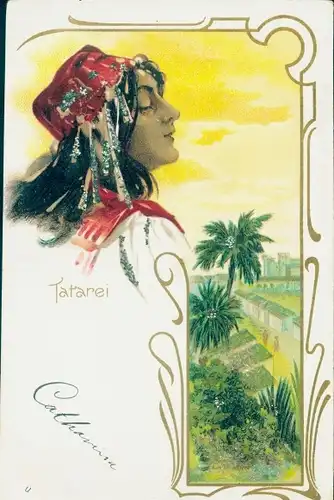 Glitzer Litho Tatarei, Frau in Tracht, Palmen