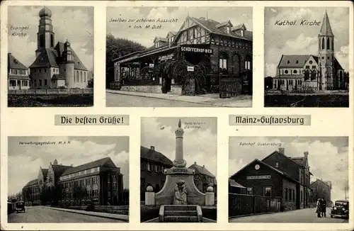 Ak Ginsheim Gustavsburg Rhein, Kirchen, Bahnhof, Denkmal, Verwaltungsgebäude, Zur schönen Aussicht