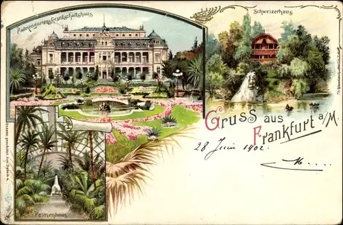 Litho Frankfurt am Main, Palmengarten, Gesellschaftshaus, Schweizerhaus, Palmenhaus