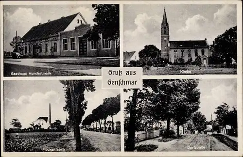 Ak Genschmar im Oderbruch, Kirche, Gasthaus Hundertmark, Flockenfabrik, Dorfstraße