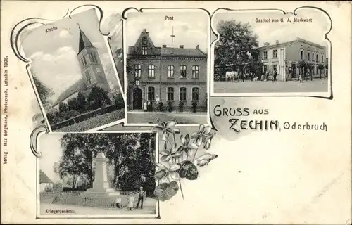 Ak Zechin im Oderbruch, Kirche, Post, Gasthof von G. A. Markwart, Kriegerdenkmal