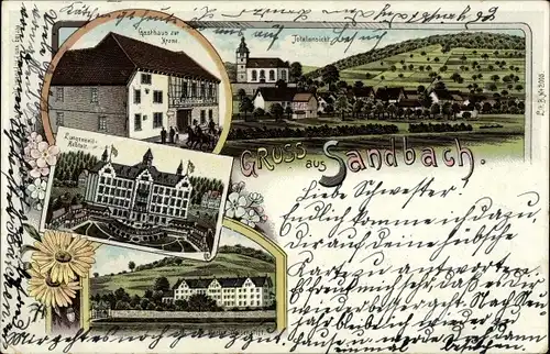 Litho Sandbach Breuberg im Odenwald Hessen, Gesamtansicht, Gasthaus zur Krone, Lungenheilanstalt