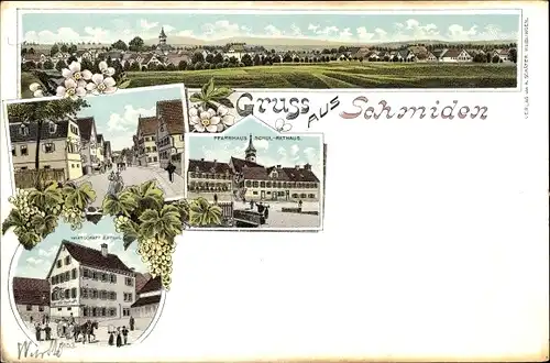 Litho Schmiden Fellbach in Württemberg, Pfarrhaus, Schul-Rathaus, Wirtschaft zum Pflug