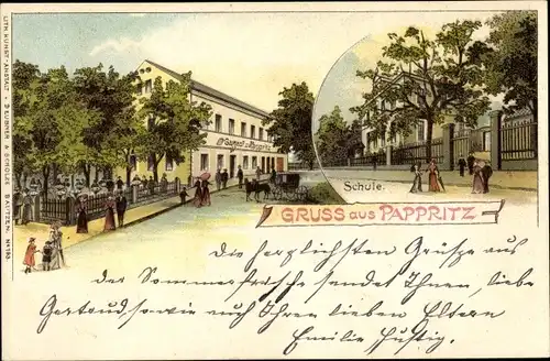 Litho Dresden Schönfeld Weißig Pappritz, Gasthof, Schule