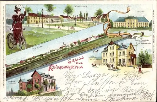 Litho Königswartha in der Oberlausitz, Post, Fahrradhandlung, Blindenanstalt, Fahrradhandlung