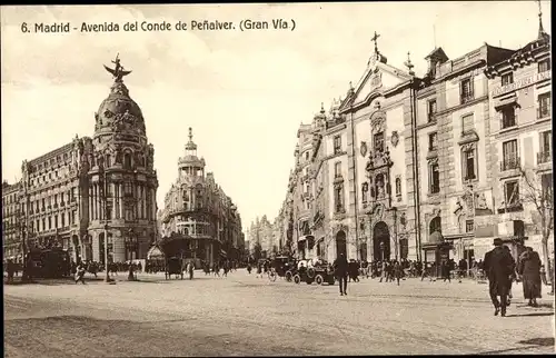 Ak Madrid Spanien, Avenida del Conde de Penalver, Gran Via, Straßenpartie, Passanten