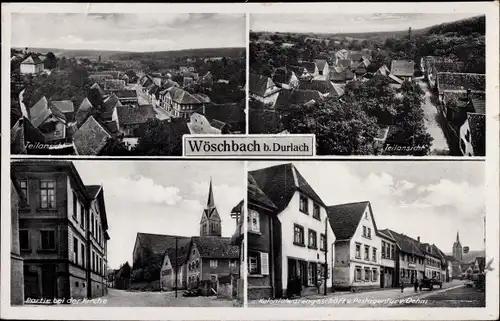 Ak Wöschbach Pfinztal am Kraichgau, Kolonialwarenhandlung, Kirche, Teilansichten