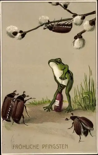 Ak Glückwunsch Pfingsten, Frosch öffnet eine Weinflasche, Maikäfer