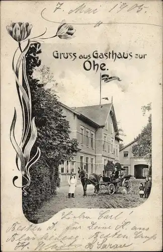 Ak Garstedt Lüneburger Heide Niedersachsen, Gasthaus zur Ohe, Kutsche, Blüten