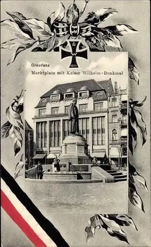 Passepartout Ak Grudziądz Graudenz Westpreußen, Marktplatz, Kaiser wilhelm Denkmal, Eisernes Kreuz