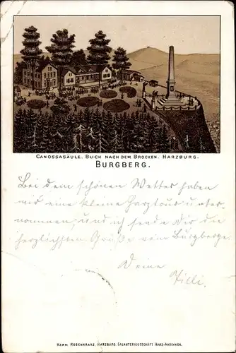 Vorläufer Litho Burgberg bei Bad Harzburg am Harz, Canossasäule, Blick zum Brocken, 1894