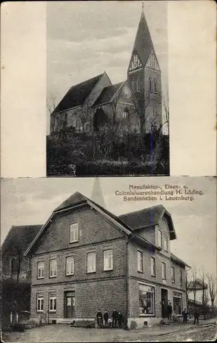 Ak Sandesneben in Lauenburg, Kolonialwarenhandlung, Kirche