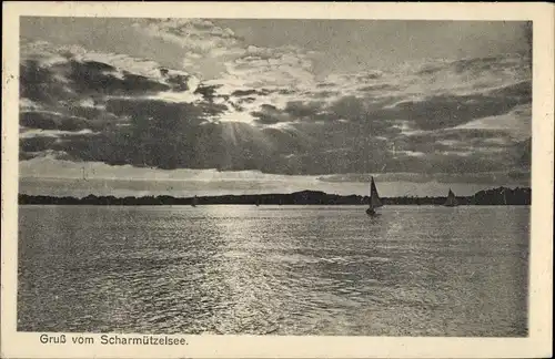 Ak Fürstenwalde an der Spree, Wasserpartie, Segelboot, Sonne, Wolken