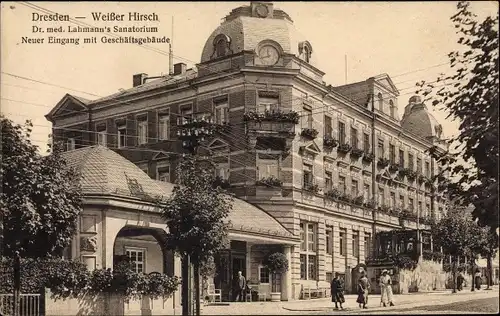 Ak Dresden Weißer Hirsch, Dr. med. Lahmann's Sanatorium, Neuer Eingang mit Geschäftsgebäude
