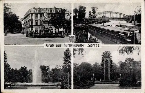 Ak Fürstenwalde an der Spree, Wappen, Brücke, Springbrunnen