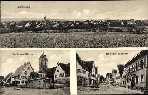 Ak Bondorf Baden Württemberg, Herrenberger Straße, Kirche, Straßenansichten, Panorama vom Ort