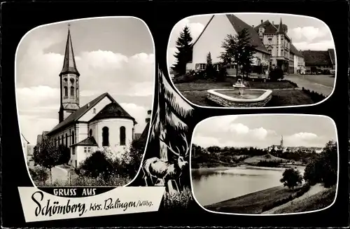 Ak Schömberg im Schwarzwald Württemberg, Kirche, Brunnen, Ort