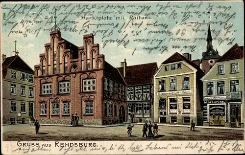 Litho Rendsburg in Schleswig Holstein, Marktplatz mit Rathaus, Restaurant, Handlung