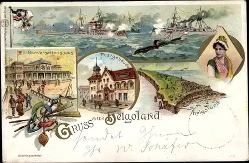 Litho Helgoland in Schleswig Holstein, Konversationshaus, Postgebäude, Kriegsschiffe, Totale