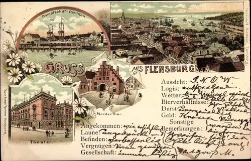Litho Flensburg in Schleswig Holstein, Dampfschiff Pavillon, Theater, Nordertor, Totalansicht