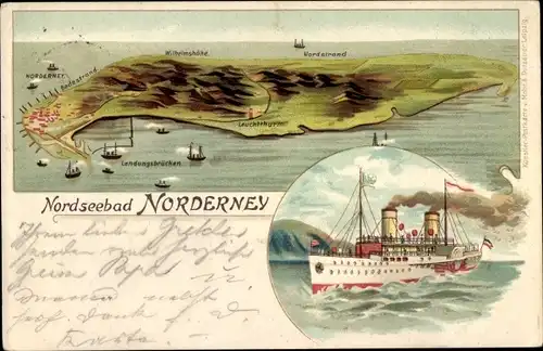 Litho Nordseebad Norderney Ostfriesland, Totalansicht der Insel, Dampfer, Wilhelmshöhe, Nordstrand