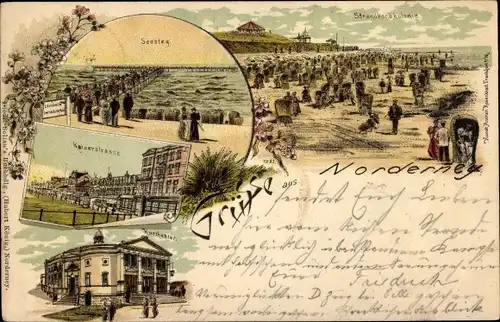 Litho Nordseebad Norderney Ostfriesland, Strandkorbkolonie, Seesteg, Kurtheater, Kaiserstraße