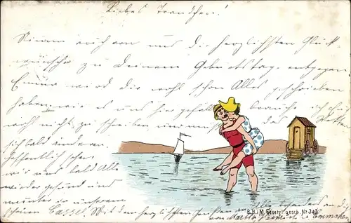 Vorläufer Litho Mann träft Frau in Badekleidung Huckepack im Wasser, 1894
