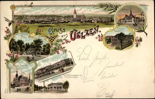 Litho Uelzen in Niedersachsen, Totalansicht, Fischerhof, Bahnhof, Postamt, Rathaus, Gymnasium