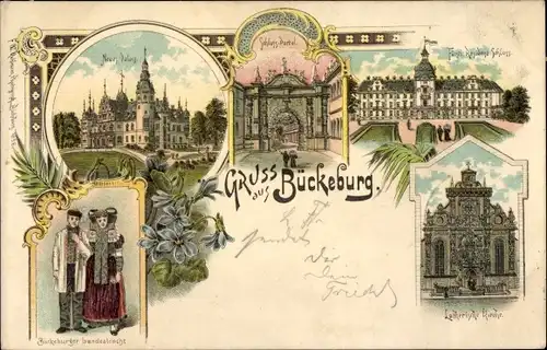 Litho Bückeburg im Kreis Schaumburg, Schlossportal, Tracht, Lutherische Kirche