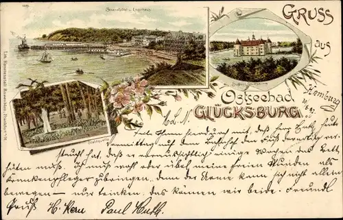 Litho Glücksburg in Schleswig Holstein, Stahlquelle, Schloss, Strandhotel