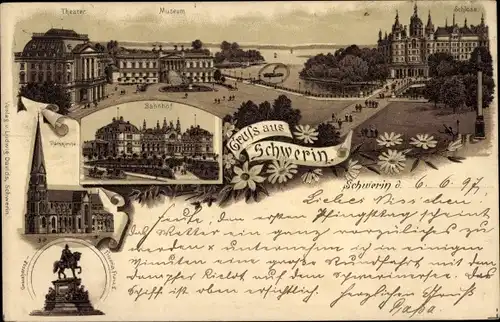 Litho Schwerin in Mecklenburg, Theater, Museum, Domkirche, Bahnhof, Schloss, Denkmal