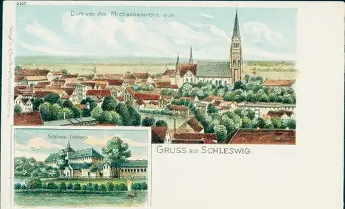 Litho Schleswig an der Schlei, Schloss Gottorp, Dom von der Michaeliskirche aus gesehen