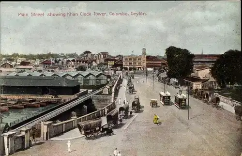 Ak Colombo Ceylon Sri Lanka, Main Street, Khan Clock Tower, Straßenbahn