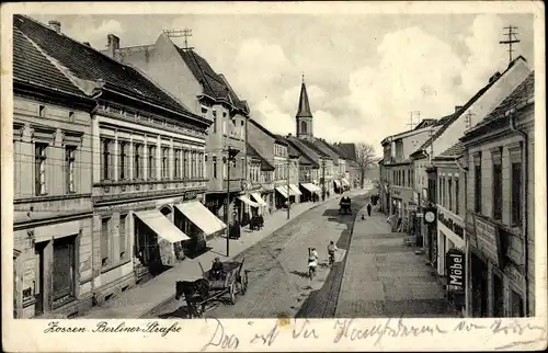 Ak Zossen in Brandenburg, Berliner Straße, Geschäft Harry Schirmer, Kirchturm