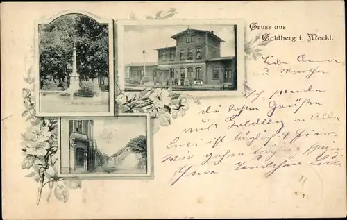 Ak Goldberg in Mecklenburg, Bahnhof, Denkmal, Straßenpartie