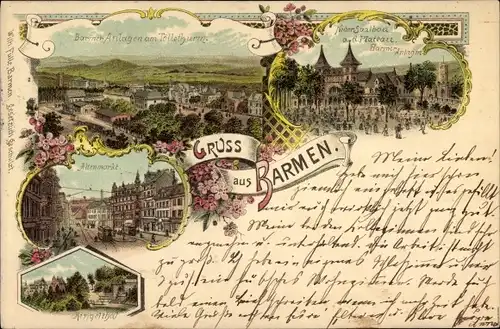 Litho Barmen Wuppertal, Altenmarkt, Saalbau auf dem Plateau, Barmer Anlagen, Ringelthal