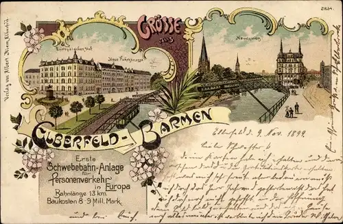 Litho Wuppertal, Schwebebahn Elberfeld Barmen, Europäischer Hof, Neue Fuhrstraße, Neuenweg