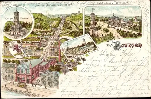Litho Barmen Wuppertal, Kriegerdenkmal, Barmer Anlagen, Bergbahn, Tölleturm, Luftkurhaus