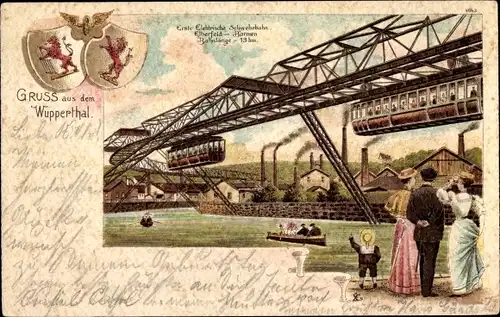 Litho Wuppertal, erste elektrische Schwebebahn Elberfeld Barmen, Wappen