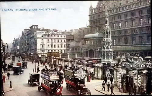 Ak London City England, Charing Cross and Strand, Busses