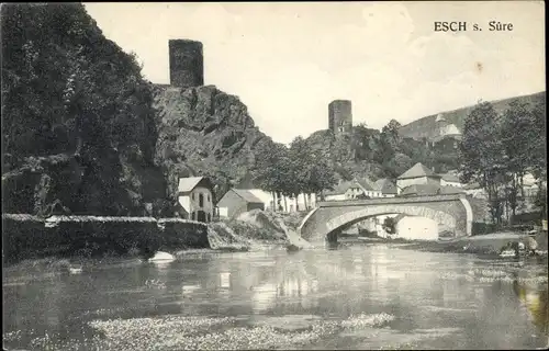 Ak Esch sur Sure Esch an der Sauer Luxemburg, Panorama, Brücke