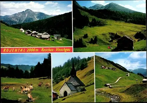 Ak Reschen Resia Südtirol, Rojental, Rojental, Panorama, Pferde, Kapelle
