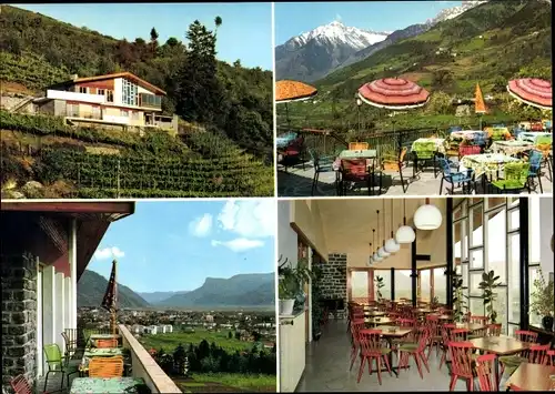 Ak Meran Merano Südtirol, Cafe Unterweger, Außenansicht, Terrasse, Blick auf Meran