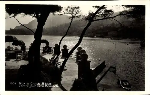 Ak Monte Carlo Monaco, Beach, Contre jour vers Beausoleil