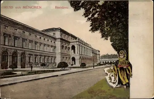 Ak München Bayern, Residenz, Außenansicht, Münchner Kindl mit Wappen