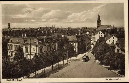 Ak Hamm in Westfalen, Totalansicht, Straßenbahn