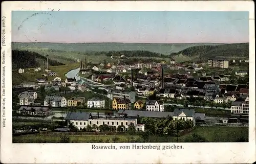 Ak Roßwein in Sachsen, Blick vom Hartenberg auf den Ort, Bahnhof