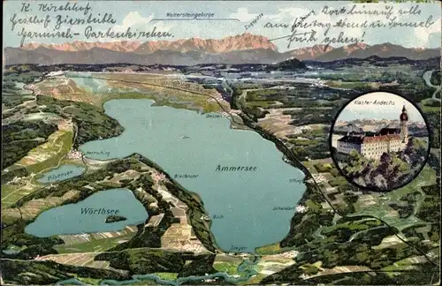 Ak Erling Andechs in Oberbayern, Landkarte, Kloster Andechs, Gebirge, Ammersee, Wörthsee