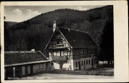 Ak Meisdorf Falkenstein im Harz, Gaststätte Zum Falken unter der Burg Falkenstein, Außenansicht